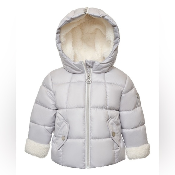 MICHAEL KORS Baby Girls Berber Cuff Split Zip Hood Puffer Jacket Gray Silver 12m - Picture 1 of 9